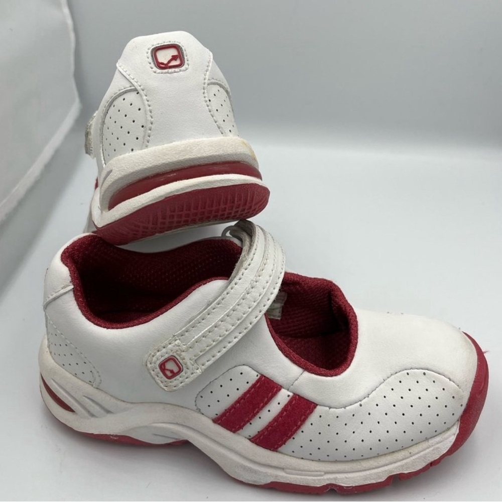 𝅺Toddler Stride Rite Sporty Mary Jane Shoes White & Pink Suede Stripes  9.5 Wide